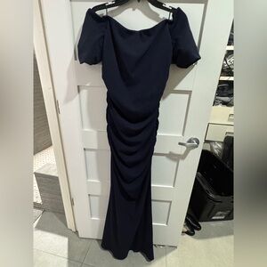 Badgley Mischka Elegant Navy Long, off shoulder Dress